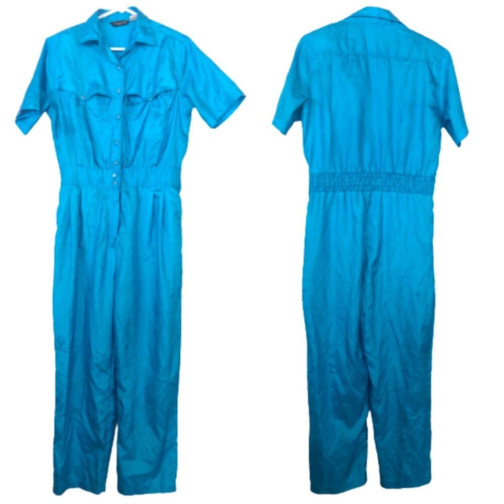 Vintage 80s Blue Jumpsuit Short Sleeve 80's Coveralls Shoulder Pads Pockets Med